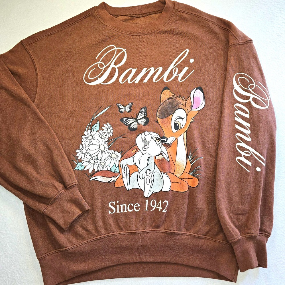 Disney Bambi Sweatshirt Womens L Brown Waffle Knit Crewneck Graphic Thumper Y2K.
